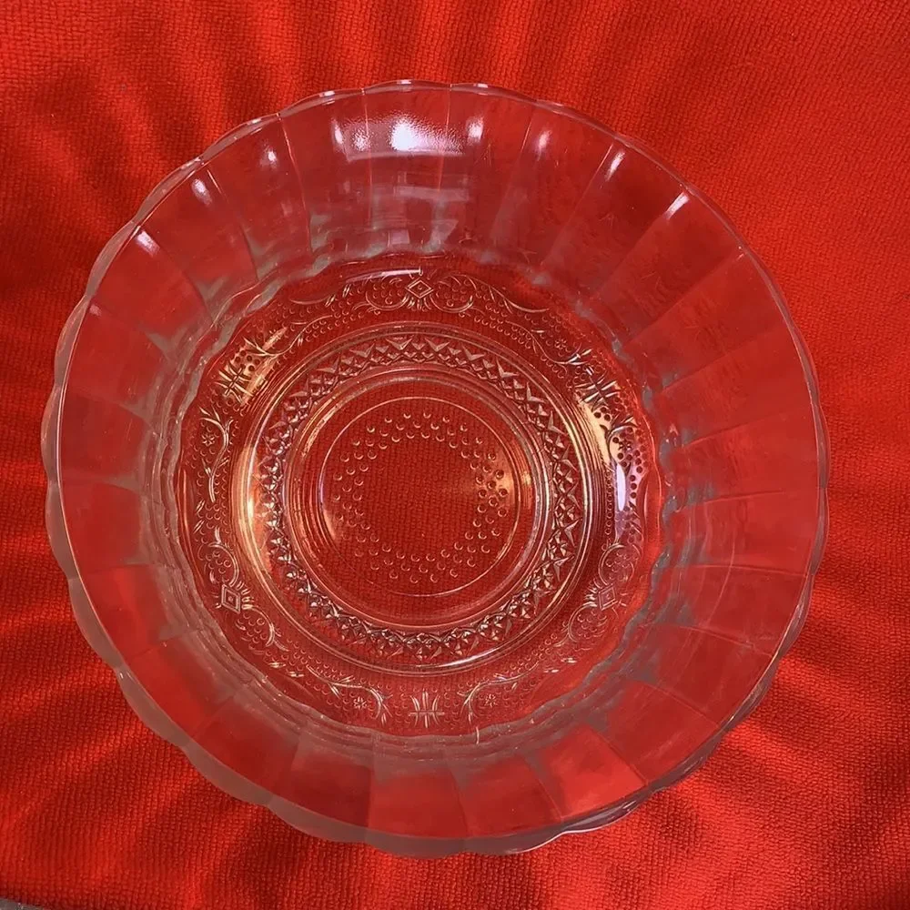 Glass Ware 9 Inch Glass Serving Bowl Ribbed Edges Textured Bottom Hand Wash Only